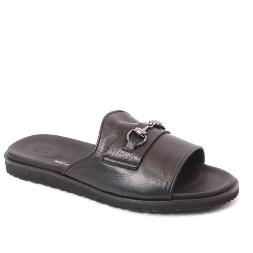 Roberto Serpentini 6600 Black Leather Slides Men Comfort Sandals